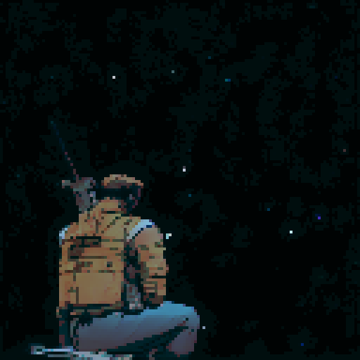 Lone man holding his sword of a starry night sky