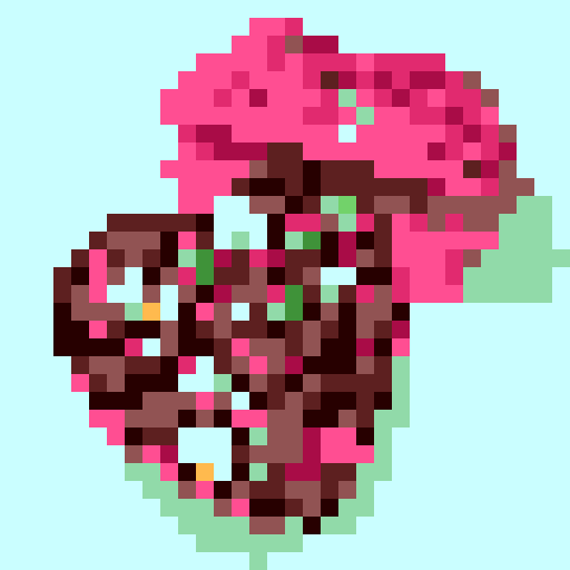 Box of Valentine's Day chocolates, specifically shaped like cupcakes with intricate details such as pink frosting and decorative toppings. Charming and romantic theme. The cupcakes within the box should exhibit a variety of delightful designs, no background, pixel art.