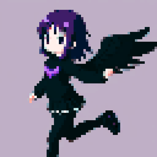 Purple Haired anime girl wearing black clothes with a black angel wing, running