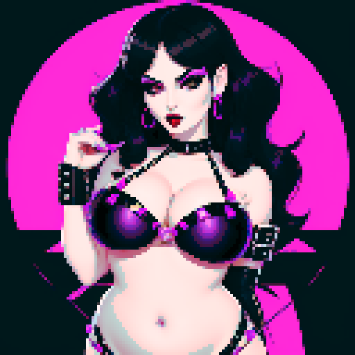curvy, busty goth, cute goth woman's face, black hair, purple eyeshadow, red lipstick, studded leather string bikini, face portrait, beauty photo, vibrant sRGB colors, pixel art