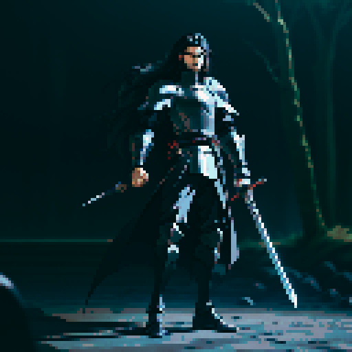 full-body image, male knight, man in black armor, giant sword, long black hair, sexy, male dark knight, giant sword, huge long sword, long hair, facing left, ready to fight, very long sword