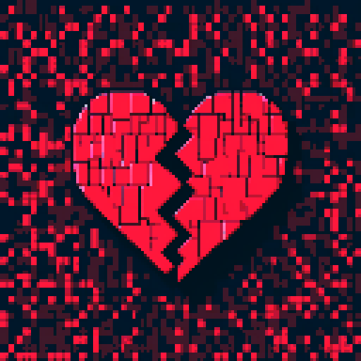broken red heart, split into two sides, pixel art, sRGB colors, bright colors portrait