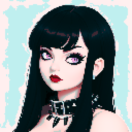 curvy, busty cute goth babe with studded collar, big titty goth wearing halter top, close up turned head glamour shot, face forward portrait, pixel art, sRGB