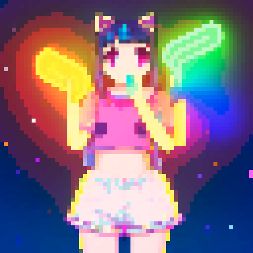 Pixelated anime girl with fluffy cat ears, surrounded by neon lights and vibrant colors, striking a playful pose with a mischievous glint in her eyes
