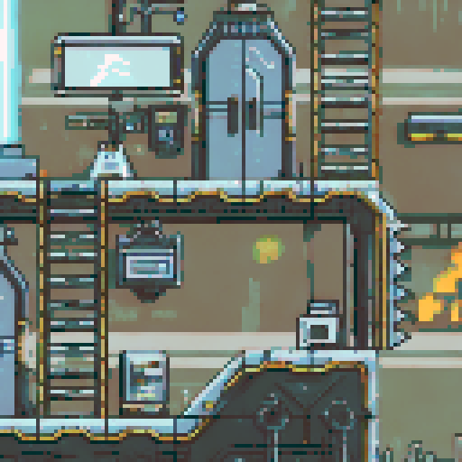 run-down, apocalyptic atmosphere, pixel art, inside of a Futuristic robot factory, sRGB, pixel art, background, landscape, dilapidated machinery, sparks flying, smog-filled air, towering metal structures, cracked concrete floors, flickering neon lights, rusted conveyor belts, broken windows, shattered glass, discarded robot parts, overgrown vines, eerie shadows, abandoned control panels