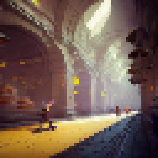 Flaming roller skate speeds through a mystical bakery, surrounded by enchanted pastries and towering bread loaves in a fantastical RPG world, captured in stunning concept art.