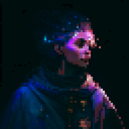 Female priest from the future, adorned in flowing robes and a headdress, holding a glowing staff, surrounded by holographic symbols and ethereal lights, in a majestic cathedral with stained glass windows depicting mythical creatures and celestial beings. Blue red and purple neon colours