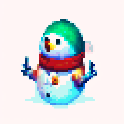 "pixel art snowman made of two balls, wearing a vibrant red scarf, using a retro-inspired 8-bit art style."