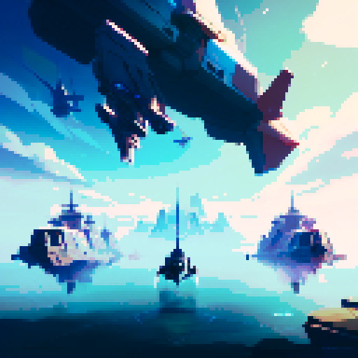 Area 18 in Star Citizen with ships taking off in the background, the open sky and space on the horizon, scenic