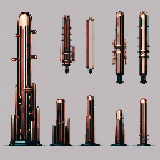I want a tall vertical copper structure reminiscent of a organ pipe. It should have strange mechanical details that could interlock with each other. I also want this object usable an asset in a videogame, meaning only one object per image, outlined with a strong black stroke, on a solid-color background.