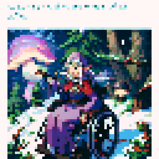 Wheelchair elf with pointy hat, holding a cane adorned with holly, sitting in a snow-covered forest, surrounded by colorful pixel art mushrooms and a glowing sRGB moon
