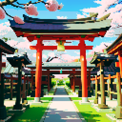 shinto shrine, vibrant colors, diamond torii gate, cherry blossom trees, lanterns glowing, traditional architecture, intricate details, pixel art, sRGB