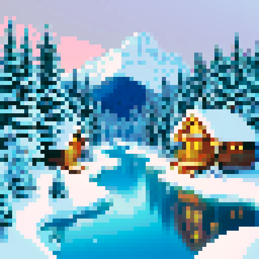 Snow-capped peaks towering over pine forests and frozen lakes, with a cozy cabin nestled in the valley, all rendered in a vibrant, pixelated art style on an sRGB background