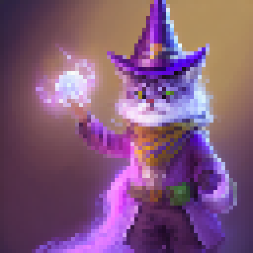 Purple wizard cat with a sparkly magic wand and a magician hat, casting a spell in a fun and cartoony fantasy RPG style.