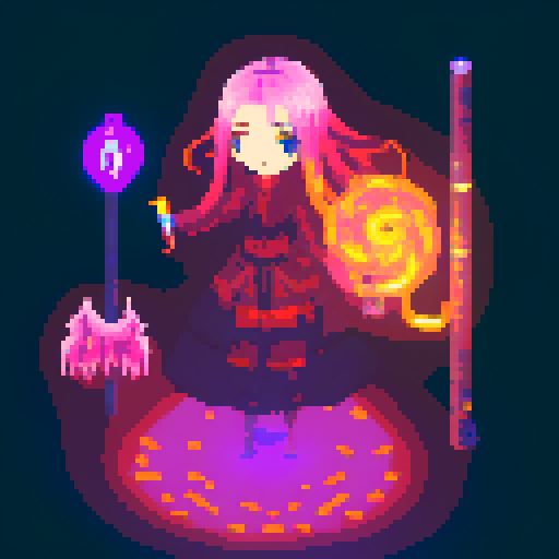  Mage anime girl with flowing hair, fluorescent tattoos, and a glowing staff,  floating in her evil lair