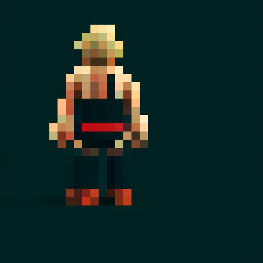 The back of a streeth fighter in a black shirt an black shorts. strong wide boddy, short arms, short legs