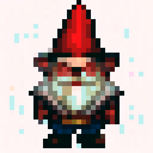 32x32 pixel art gnome with a red pointy hat and large white beard, depicted in a close-up portrait style, completing various actions like standing, running, jumping, and spinning, all as sprites for a game.