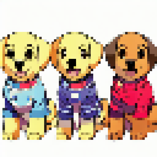 Generates an image of three puppies in pajamas of different breeds, following the drawing style of the My Little Pony series. The Labrador Retriever puppy is wearing red pajamas with small apples drawn on it, while the Golden Retriever puppy is wearing blue pajamas with small blackberries drawn on it. The Beagle puppy is wearing yellow pajamas with little mangoes drawn on it. The three pups are sitting together, facing forward with happy expressions on their faces.