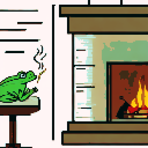 In the cozy ambiance of a dimly lit room, a small, jovial frog perches comfortably upon a plush couch chair, its diminutive size emphasized by the vastness of the furniture. The flickering flames of a nearby fireplace cast a warm glow, enveloping the space in a soft, golden light, creating an atmosphere of comfort and relaxation. With a mug clasped delicately between its tiny webbed fingers, the contented frog takes a sip of steaming coffee, its expression reflecting pure bliss.