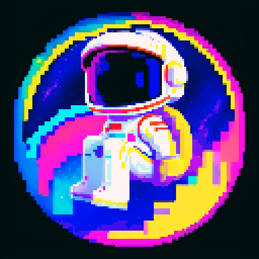 space traveler in vibrant pixel art white spacesuit, with a helmet showcasing a reflective visor, surrounded by swirling galaxies, twinkling stars, and celestial wonders, all rendered in space colorful palette.
