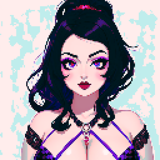 curvy, cute, goth girl,  black hair, purple eyeshadow, red lipstick. wearing bikini. glamour shot.  