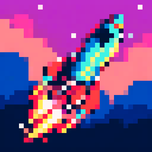 small rocket, pixel art, sRGB, bottom left to top right, vibrant colors, retro feel, exhaust flames, starry background, animated motion lines