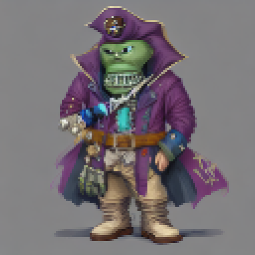 a pirate captain with a blue gemstone eyepatch covering his blind eye and a mechanical and wooden prosthetic leg. He likes to play with his blue gemstone dagger and wears a blue robe leather coat. He bullies a cthulhu-like creature that he keeps in a metal box.