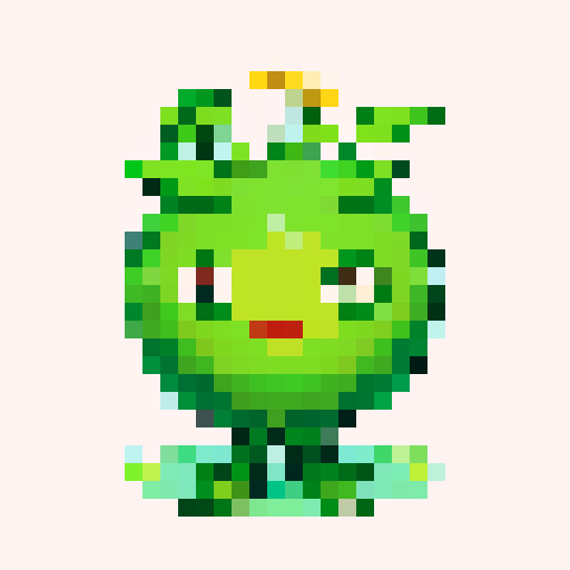 A tiny plant-like creature with a leafy body, bright green skin, and small flowers growing from its head. It has big, round eyes and a cheerful expression, with roots as feet.
