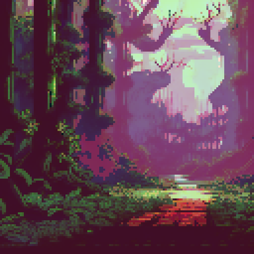 post-apocalyptic factory, hidden in the woods, abandoned machinery, rusted pipes, overgrown vines, decaying buildings, shattered windows, eerie silence, nature reclaiming, vibrant pixelated colors, sRGB palette, atmospheric landscape
