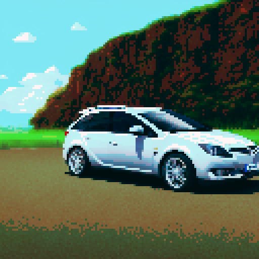 Photorealistic whole Opel Astra, three-quarter view, right front wheel, clean background, sRGB colors, pixel art style
