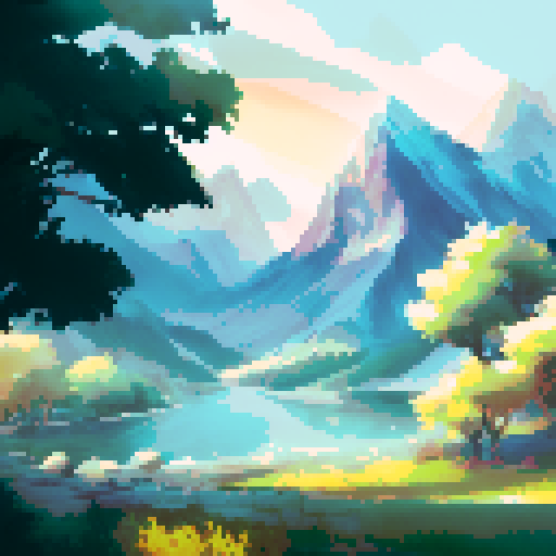 One huge mountain, sunset, beautiful scenery, fantasy, tree in front right