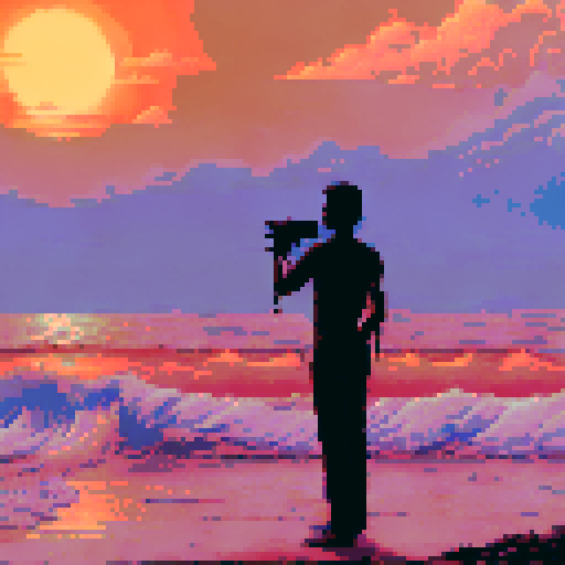 Sunset over the ocean, with waves crashing onto the shore, palm trees swaying in the wind, and a pink and orange sky illuminating the horizon