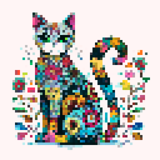 sitting, very colorful cat, with dots, flowers, patterns, fantasy style, white background