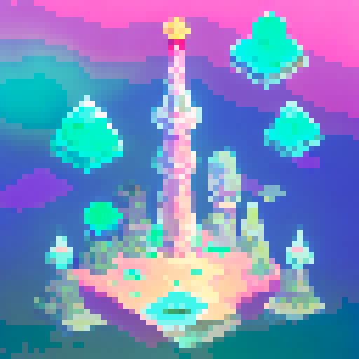 technological ziggurat with towering spires, shimmering in neon hues, surrounded by frozen waters reflecting the pixel art skyline
