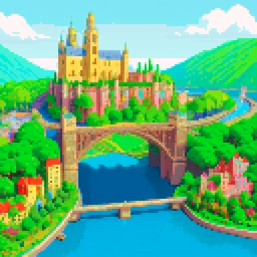 city, high tech castles, cathedrals with glowing stained glass windows, futuristic bridges spanning lush greenery, pixelated trees and flowers, small digital animals roaming, all in vibrant sRGB colors