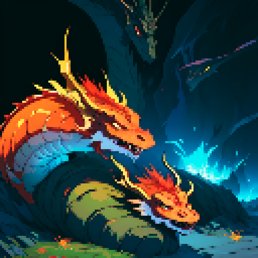 fire dragon with shimmering red scales, hoard of gold coins glimmering in the background, dragon leisurely lounging on top of a massive pile of gold coins, dragon's majestic form taking up the full canvas with intricate pixel art details in a vibrant sRGB color palette, cavern backdrop, cavern background