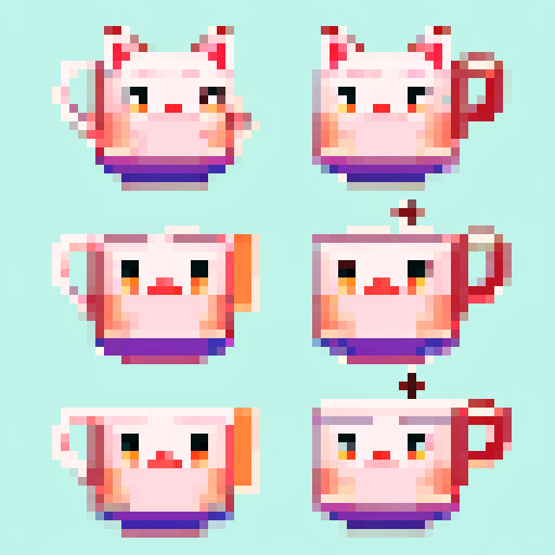 Pixelated cats with vibrant fur and expressive eyes, surrounded by steaming mugs of coffee and whimsical pastel-colored furniture