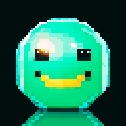 A sparkling, semi-transparent slime with a crystalline structure. It has shimmering facets, bright eyes, and a cheerful smile, with light reflecting inside. No background.
