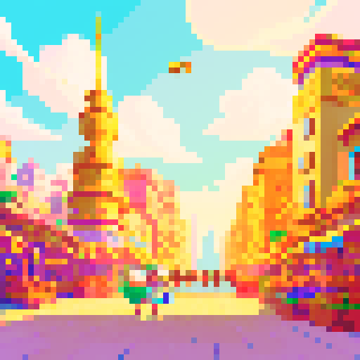 Imagine a vibrant, pixelated world known as Money Land, where the air is thick with the excitement of flying gold coins. This digital realm is filled with towering skyscrapers made of gleaming gold and silver, reflecting the bright, sunlit sky. Streets are lined with bustling marketplaces, where pixelated residents trade and barter using shimmering gold coins that seem to have a life of their own. In the sky above, gold coins of various sizes fly freely, leaving trails of glittering light in the