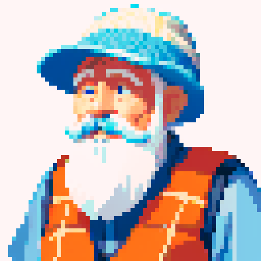 fisherman grandpa portrait, weathered face, lined with wrinkles, white beard, blue fisherman hat, worn-out fishing vest, fishing pole, non vibrant colors