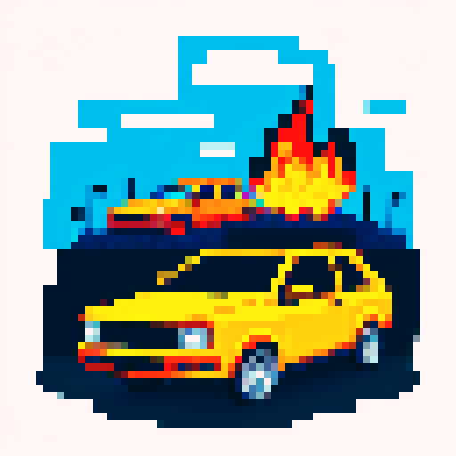 One car piston, fire in the background