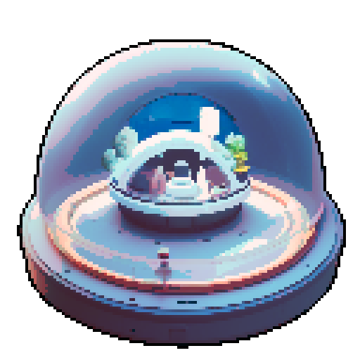 Inside of a sphere spaceship shaped like a gachapon with a clear top half looking out to space. In the middle of the room a capsule shaped container. cozy white space theme