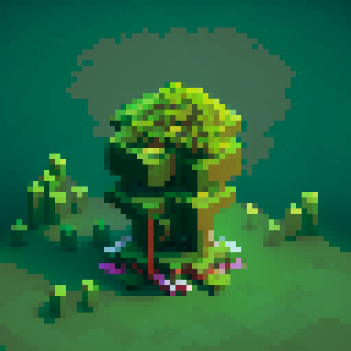 Pixelated Minecraft Creeper, lurking in a dark, blocky forest, its neon green body blending with the vibrant, cubic foliage