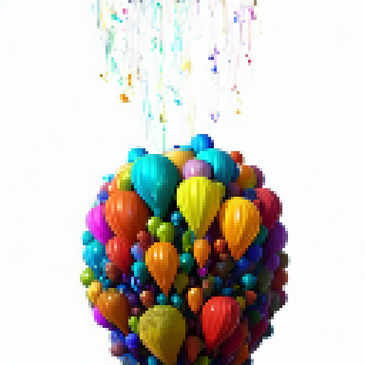 Balloons of vibrant colors burst out from the heads and bodies of mystical creatures, each one adorned with intricate patterns, as if straight out of a fantastical RPG game.