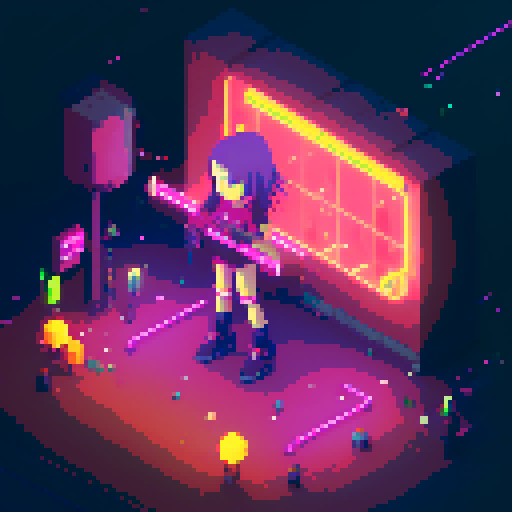 Street Mage anime girl with flowing hair, fluorescent tattoos, and a pixelated sniper rifle, navigating through a purple neon-lit night market and an sRGB glow
