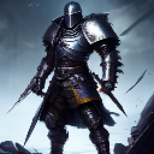Bleeding but determined, a disciplined and honorable knight stands his ground amidst a sea of enemies in a Fantasy RPG style image.