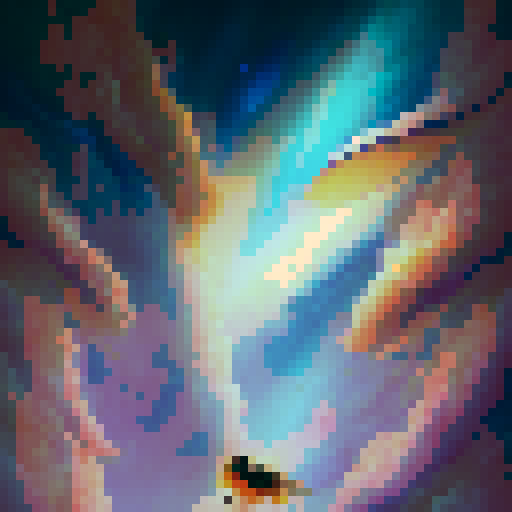 Create a whimsical illustration of a flying bread creature with bee wings and wide eyes, set against a vibrant, watercolor background.