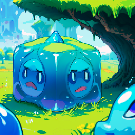 Blue Slime cube, Gelatinous cube, giant Slime, boss fight, grasslands