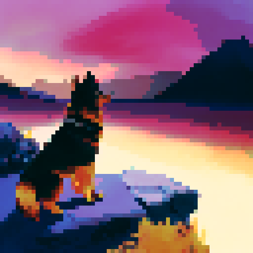 Fluffy black and tan fur blowing in the wind against a colorful sunset backdrop, a regal and alert German Shepherd gazes out in profile with ears perked up