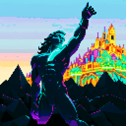 statue bathed in moonlight, vibrant colors illuminating, glowing pixels surrounding, mystical aura emanating, sharp edges defining, surreal atmosphere enveloping, neon shades contrasting, digital brushstrokes capturing the pixel art, sRGB style